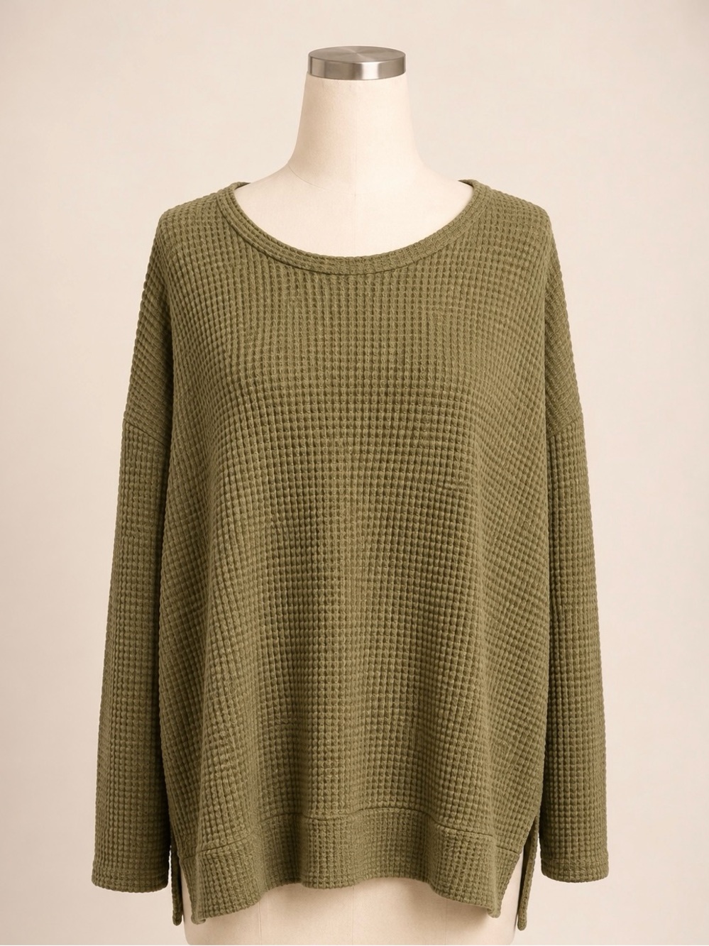 Olive Green Waffle Knit Oversized Long Sleeve Tunic Top Plus Size